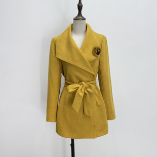 浅黄色羊毛呢风衣外套中长款长袖品牌折扣直筒宽松深蓝色呢子大衣