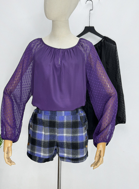 紫色一字领雪纺衫泡泡上衣春夏秋时尚设计感宽松遮肚性感透视衬衫