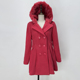 玫红色连帽羊毛呢大衣双排扣中长款 呢子风衣外套女 秋冬厚款 加大码