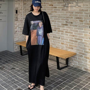 韓國長T恤裙休閑寬松大碼 夏季 短袖 個性 顯瘦開叉連衣裙睡裙可外穿