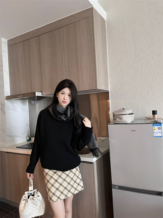 宅宅同款 独家定纺中古高比例羊毛格纹中长包臀裙短裙