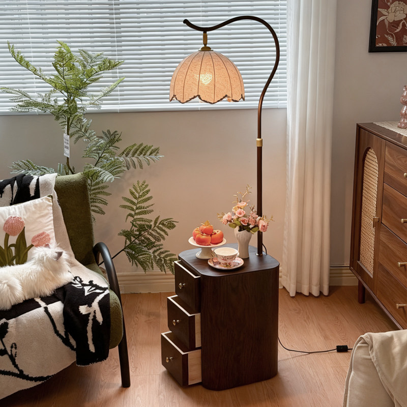 中古风落地灯卧室床头柜一体氛围感客厅沙发旁边置物茶几立式台灯,家装灯饰光源,装饰落地灯,淘宝优惠券,粉丝福利购,淘宝优惠卷