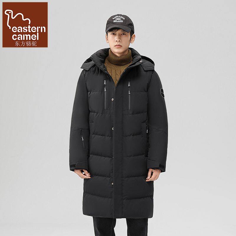 东方骆驼羽绒服加厚韩版潮流帅气青年中长款外套连帽男装黑色冬装