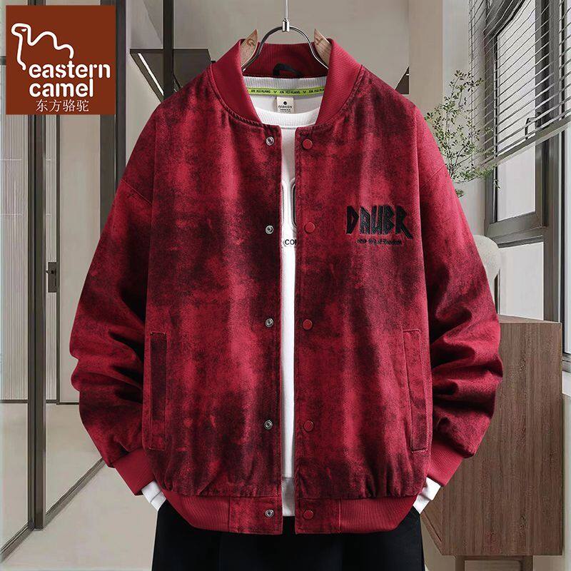 东方骆驼春秋季男生棒球领美式休闲开衫外套宽松长袖扎染刺绣夹克