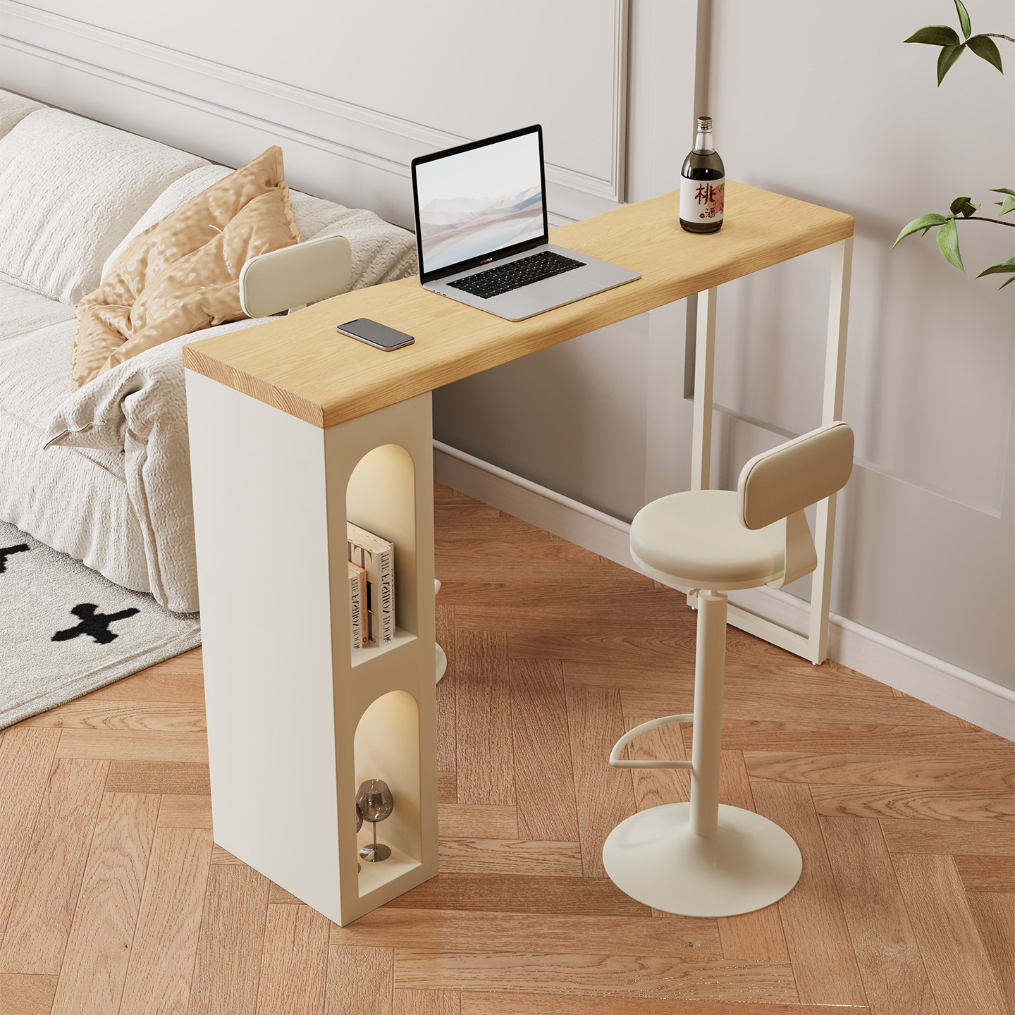 奶油风吧台桌餐桌一体家用隔断窄款实木饭桌原木岛台长条桌小户型