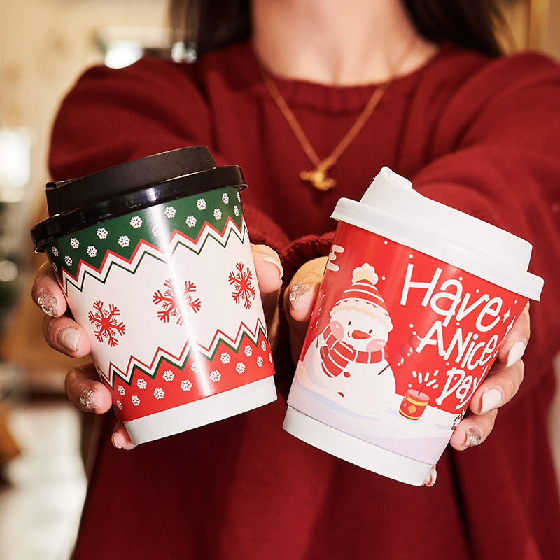 圣诞咖啡杯奶茶纸杯新年一次性热饮加厚商用家用外带打包杯子定制