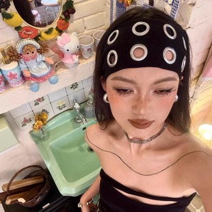 Y2K辣妹圆孔镂空弹力发带欧美复古头箍朋克亚文化摇滚音乐节头饰
