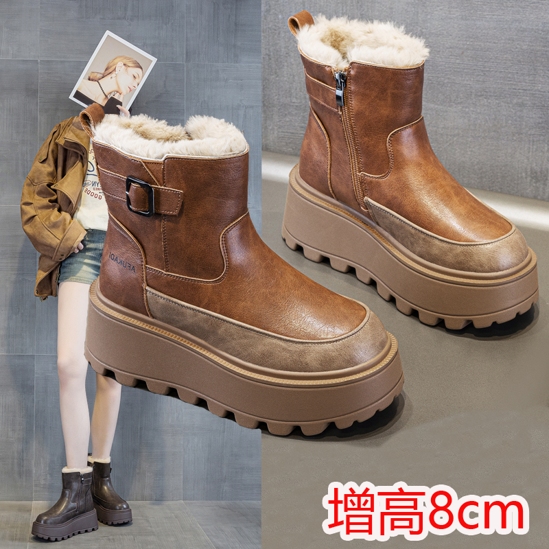 马丁靴女小个子加绒加厚皮面雪地靴2025新款冬季厚底内增高短靴棉