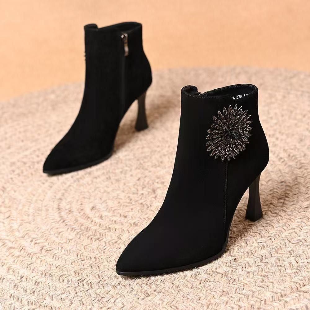 大东熊真皮高跟短靴磨砂皮女加绒棉靴2025新款马丁秋冬百搭瘦瘦靴