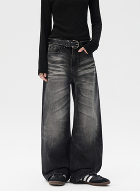 JIINOO美式复古重磅cleanfit猫须抓痕男女宽松休闲直筒阔腿牛仔裤