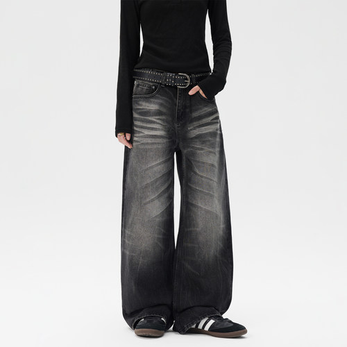 美式复古重磅猫须宽松阔腿牛仔裤