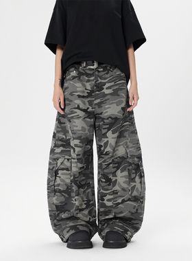 JIINOO美式复古迷彩阔腿工装裤潮牌宽松反穿设计感弯刀牛仔裤男女