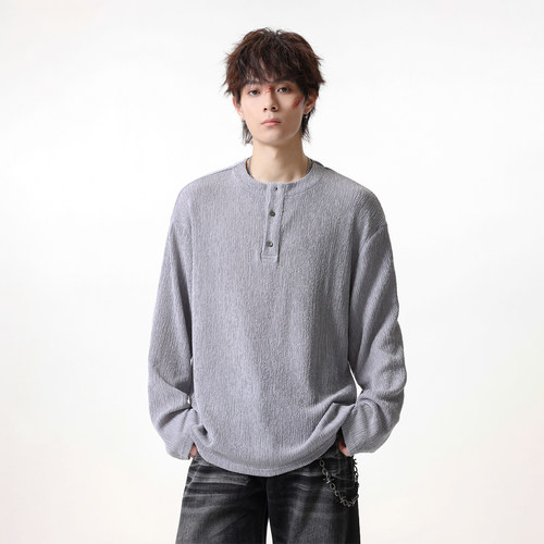 春季老钱风亨利长袖肌理T恤男