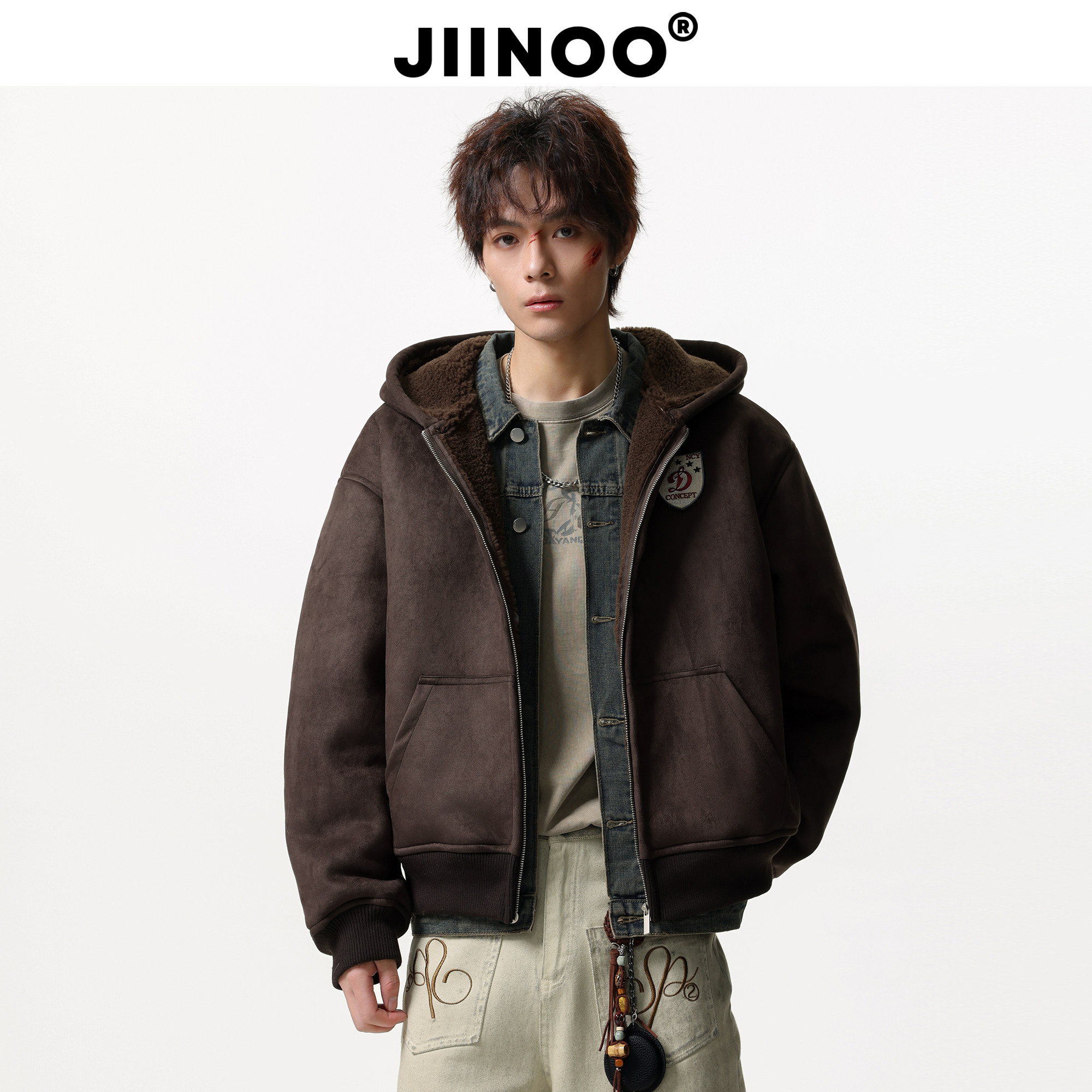 JIINOO美式复古老钱风连帽卫衣夹克boxy版型短款百搭加绒加厚外套