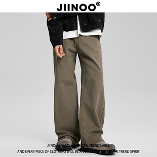 子 男直筒宽松棕色休闲长裤 JIINOO美式 复古高街美拉德百搭牛仔裤
