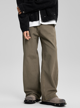 JIINOO美式复古高街美拉德百搭牛仔裤男直筒宽松棕色休闲长裤子