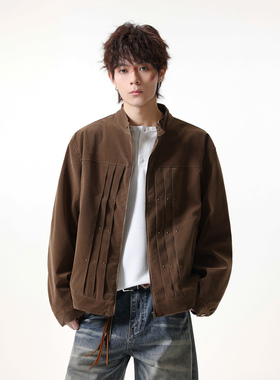JIINOO美式复古绒皮立领工装夹克男2026春潮牌百搭宽松外套