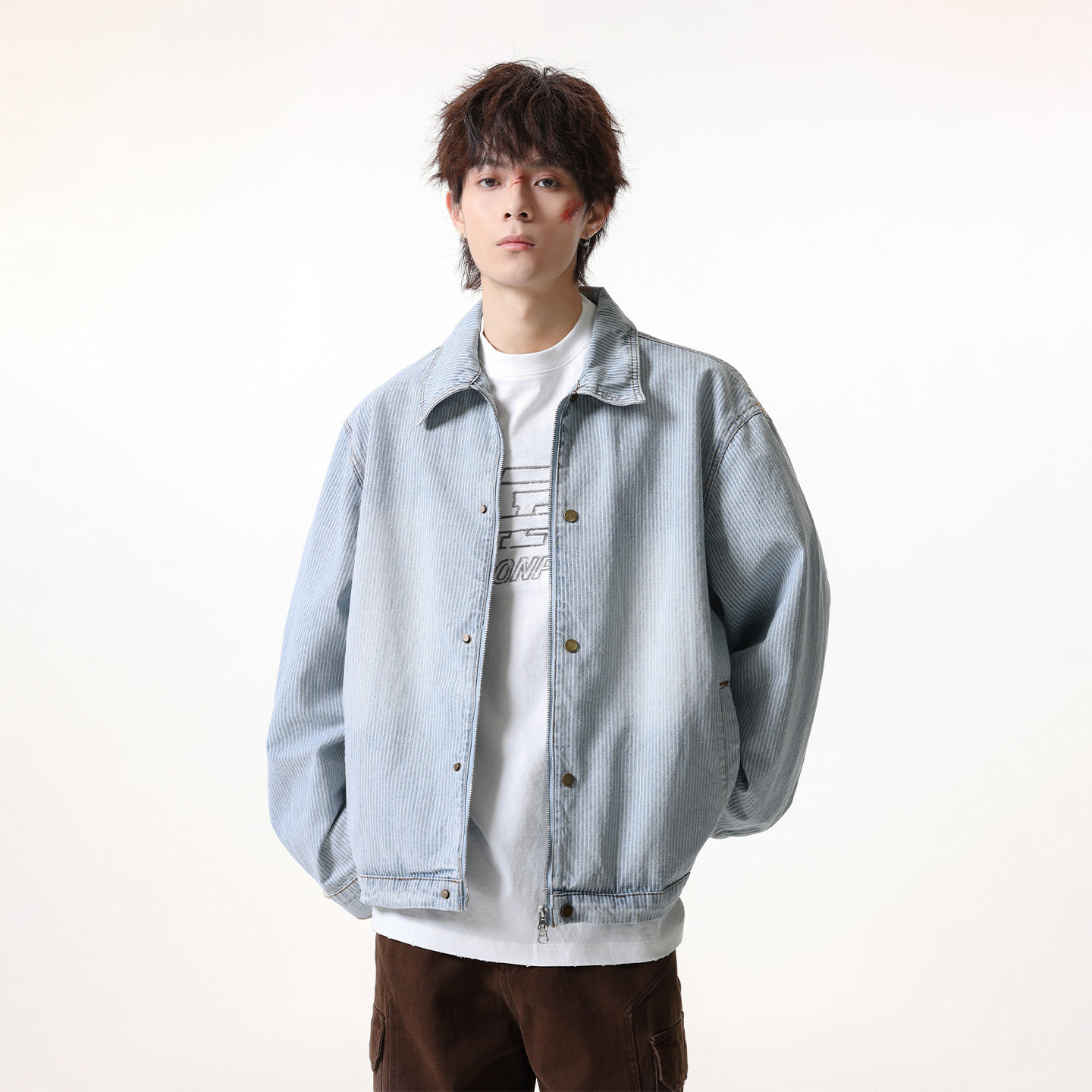 JIINOO痞帅复古条纹牛仔外套男女宽松翻领长袖短宽夹克浅蓝上衣