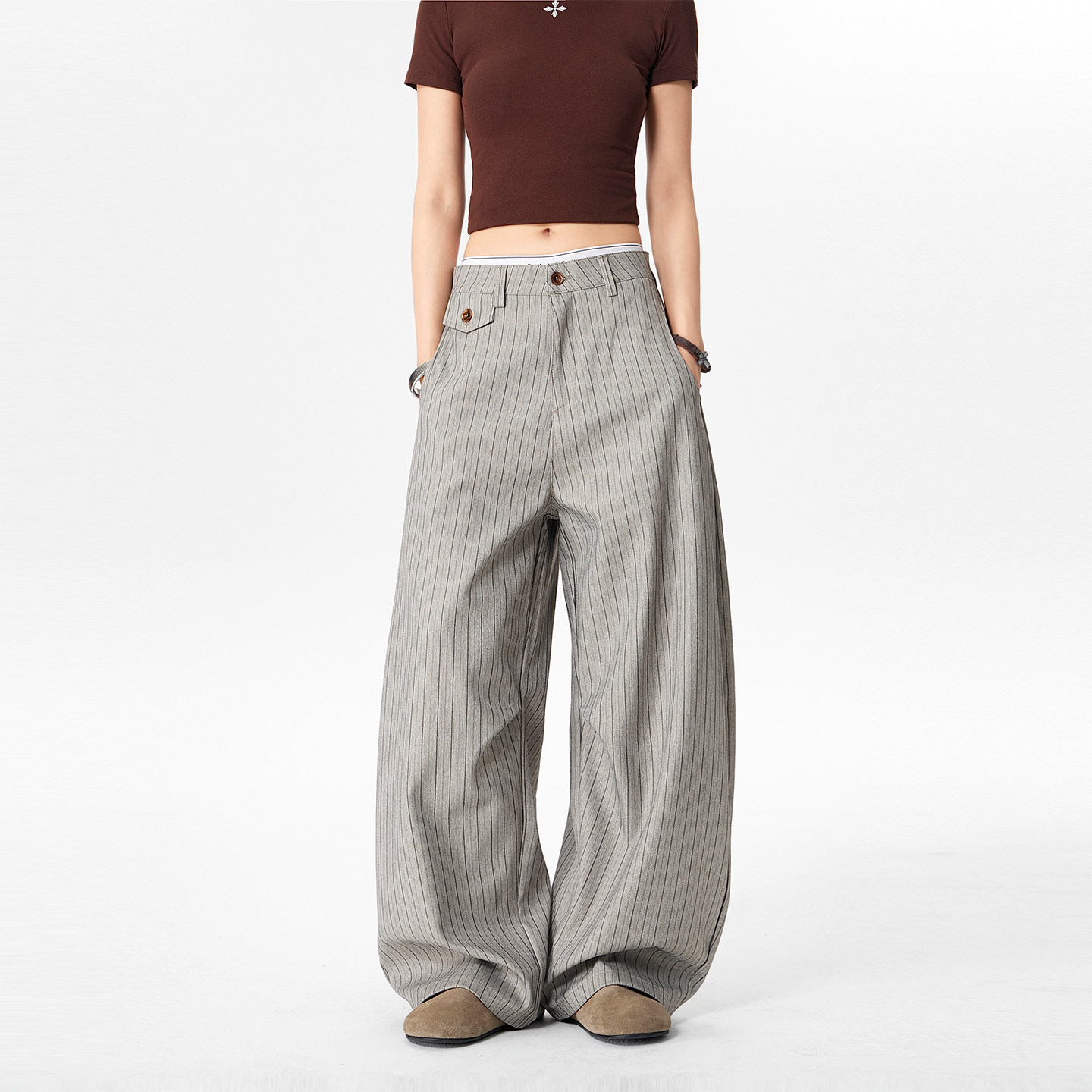 JIINOO老钱风条纹阔腿裤男女美式宽松垂感西裤长裤百搭休闲弯刀裤