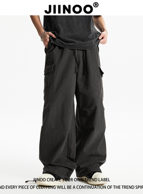 JIINOO美式复古多口袋水洗宽松工装裤潮牌街头做旧抽绳百搭阔腿裤