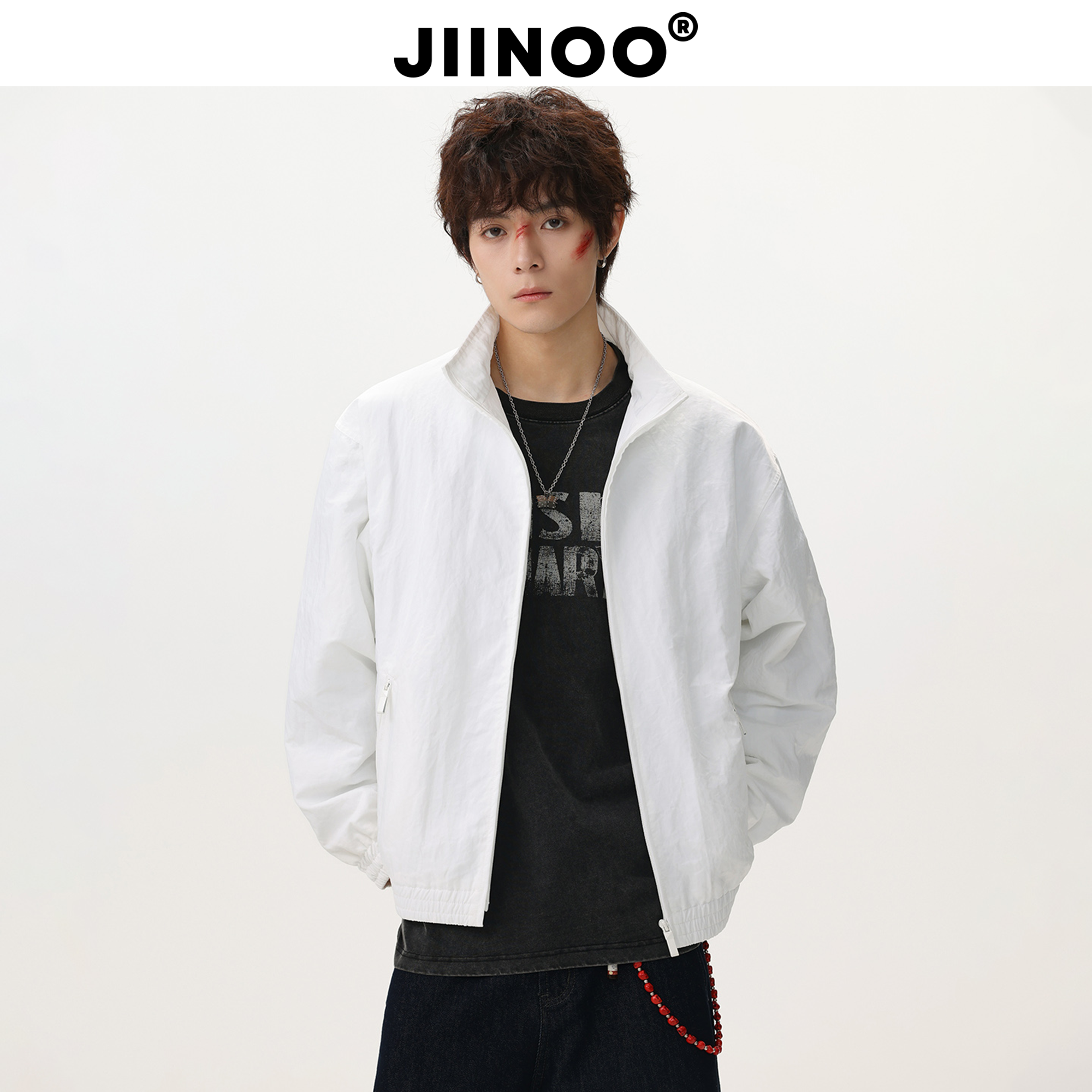 JIINOO褶皱尼龙短版宽松夹克