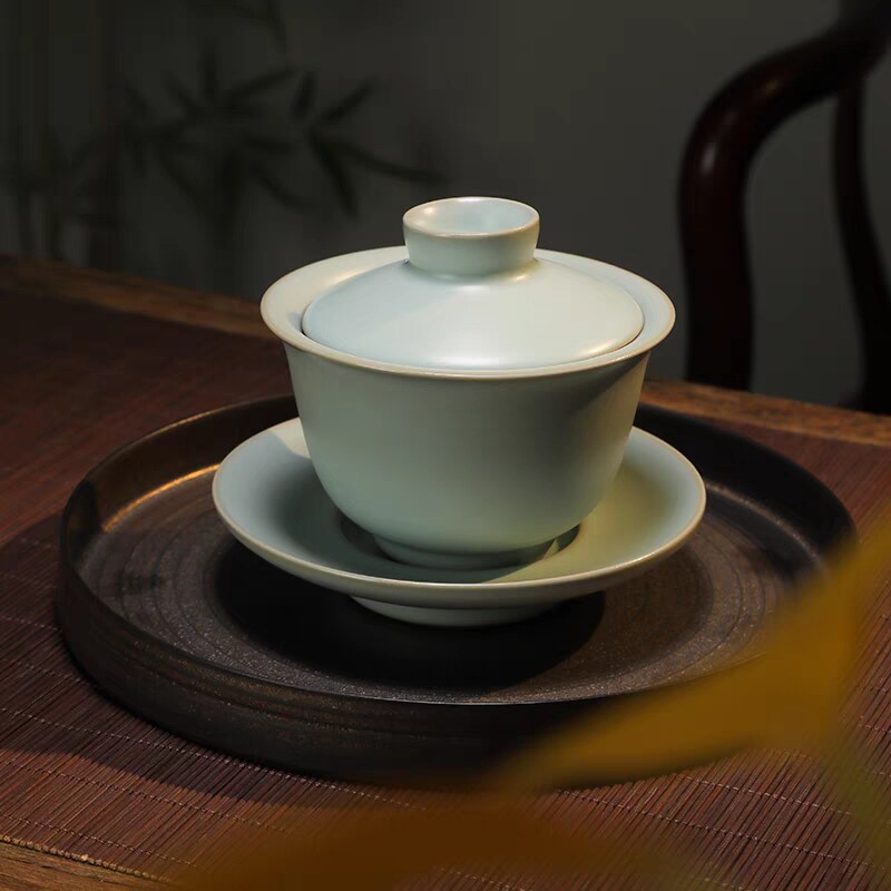 东道汝窑个人茶杯馆藏臻选茶具陶瓷办公室会客撇口盖碗天青礼盒装