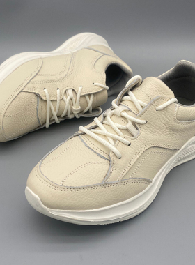 头层牛皮休闲运动男鞋春秋厚底舒适轻便健步鞋软底皮面白色老爹鞋