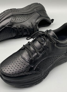 真牛皮打孔休闲运动男鞋春夏头层黑色透气轻便慢跑徒步老爹健步鞋