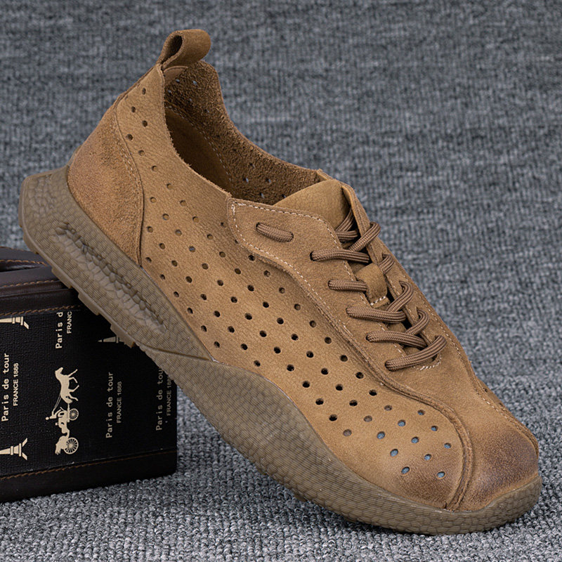 外贸夏季新款透气休闲男鞋头层牛皮潮鞋时尚百搭镂空透气运动皮鞋