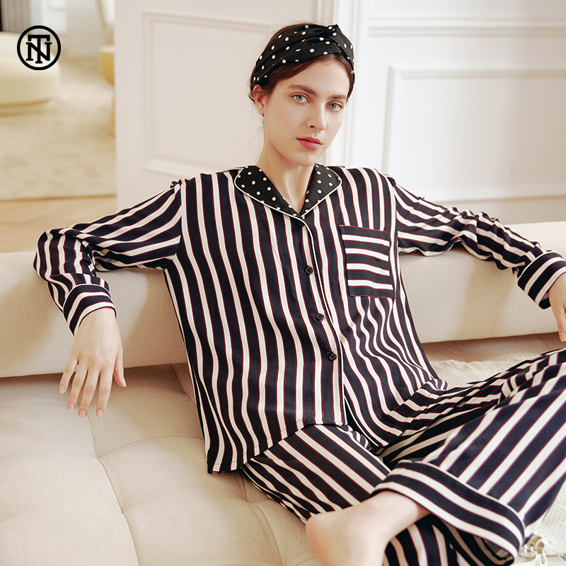 NoirTease奈黎诗春夏薄款棉质睡衣女条纹长袖翻领家居服两件