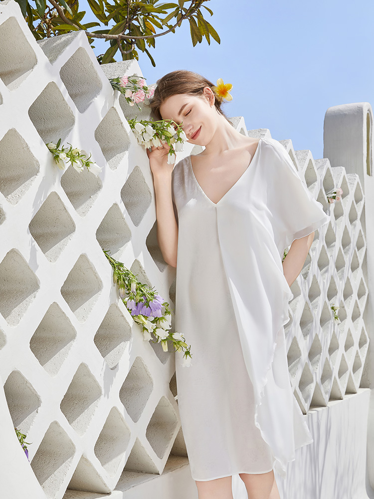 丝质夏季性感短袖提花睡裙