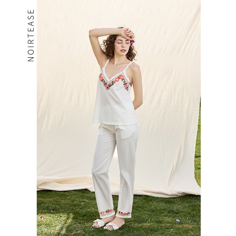 NoirTease夏季薄款纯棉睡衣女士性感蕾丝法式吊带家居服两件