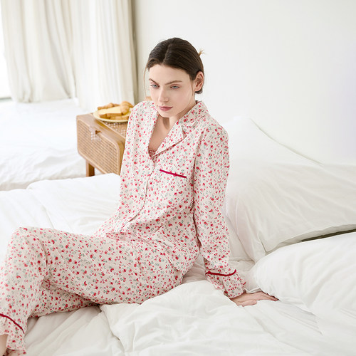 女士纯棉印花翻领睡衣家居服秋季