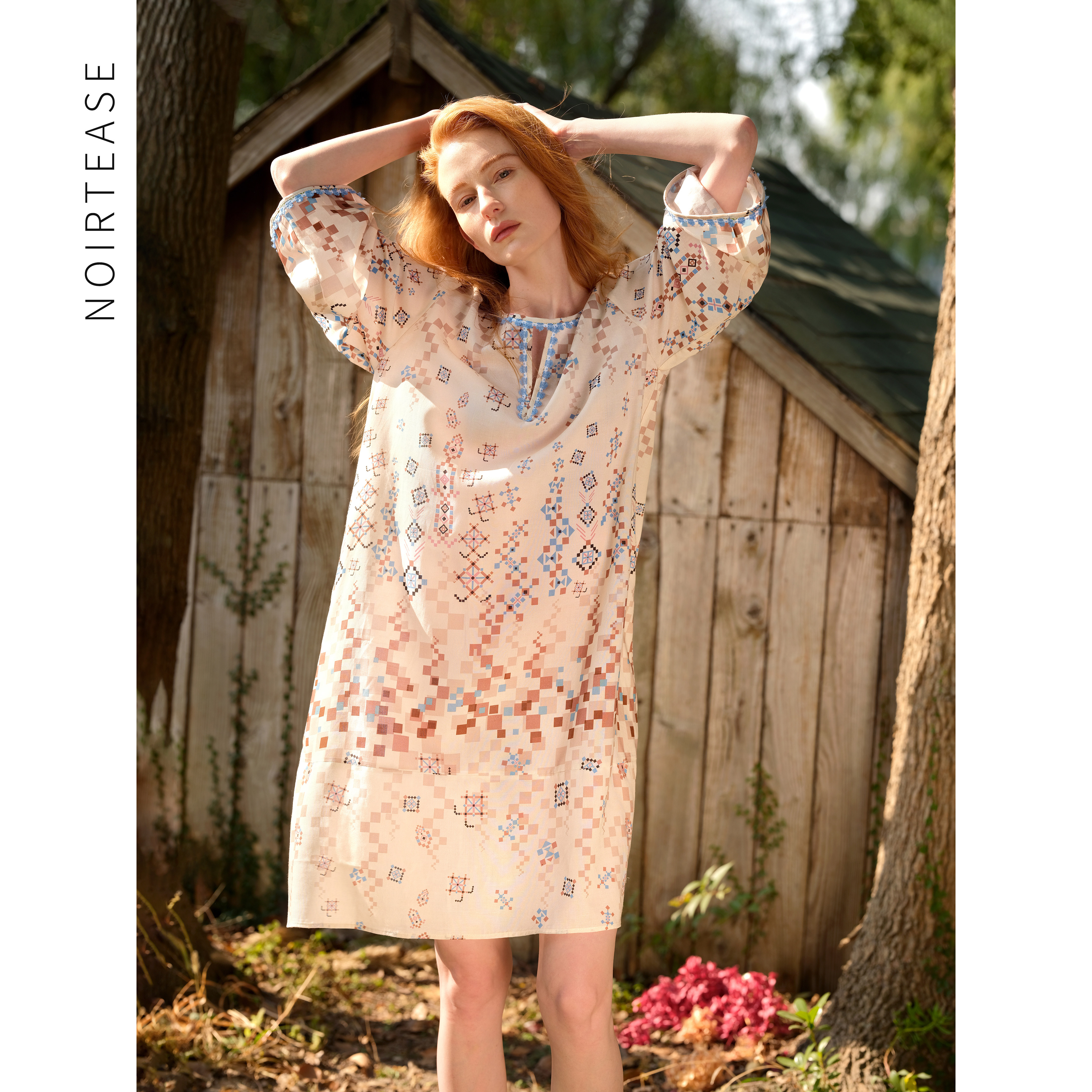 新款春秋薄款天丝亚麻短袖睡裙波西米亚风蕾丝睡衣女夏法式家居服