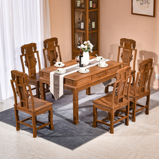 吃饭桌西餐桌仿古实木餐台家用 红木家具鸡翅木餐桌椅组合雕花中式