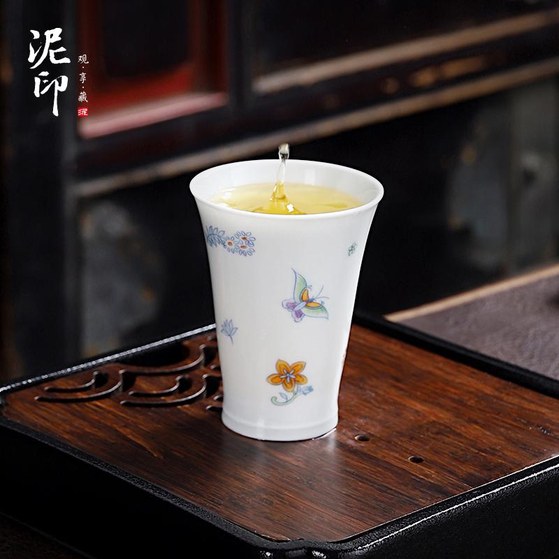 泥印手绘蝶恋花茶杯单杯聚香杯薄胎主人杯茶杯陶瓷功夫茶具茶盏