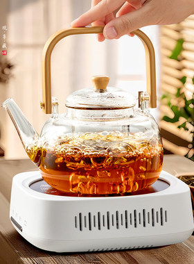 泥印玻璃煮茶壶养生泡茶壶煮茶器家用小型黑晶炉围炉烧水煮茶套装