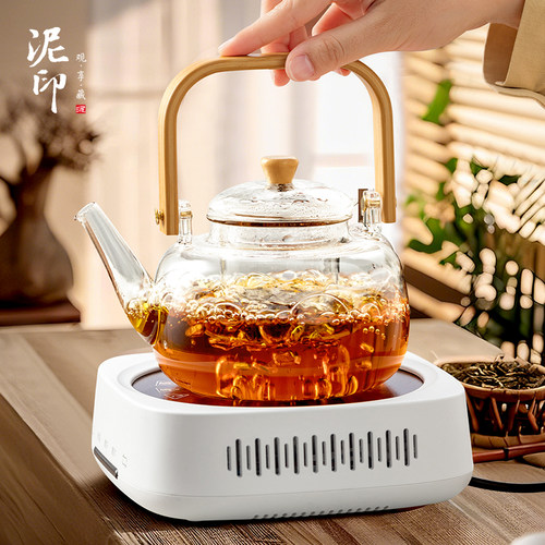 泥印玻璃煮茶壶养生泡茶壶煮茶器家用小型黑晶炉围炉烧水煮茶套装