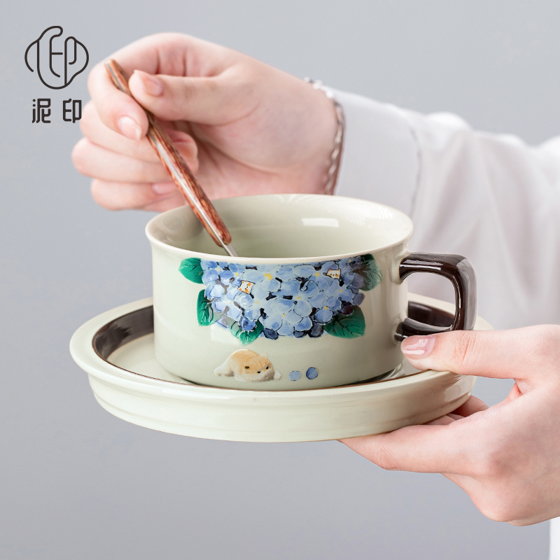 绣球戏猫陶瓷咖啡杯女士个人专用