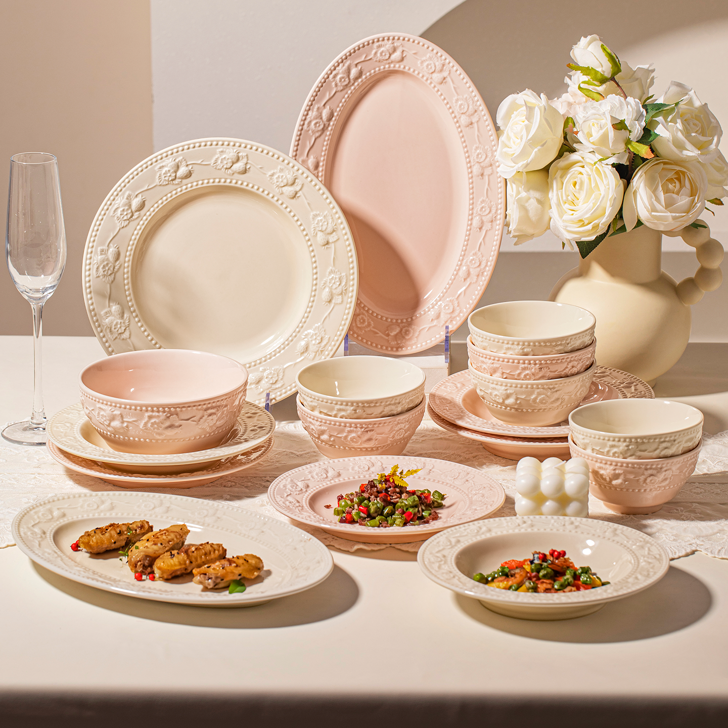 釉下彩2026浮雕法式奶油风碗碟套装订婚结婚新婚礼物餐具套装碗盘