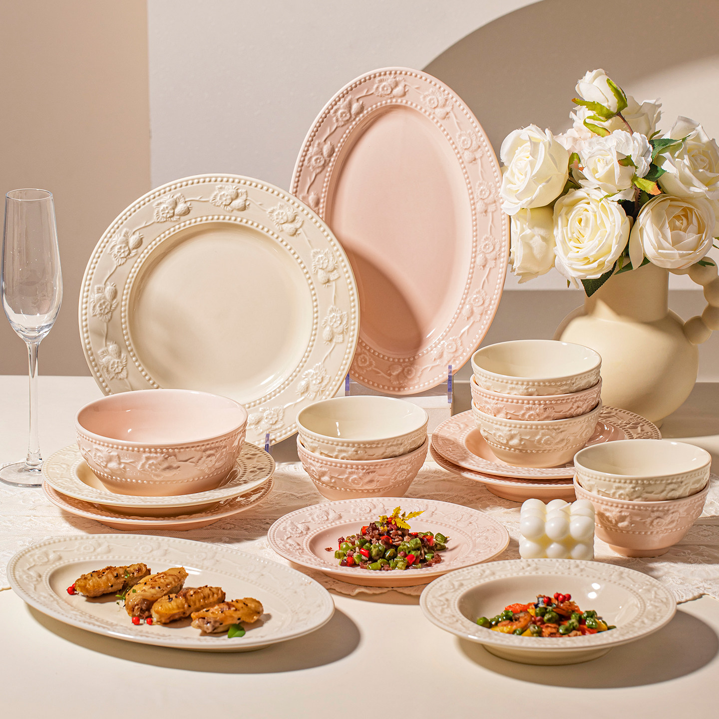 釉下彩2025浮雕法式奶油风碗碟套装订婚结婚新婚礼物餐具套装碗盘