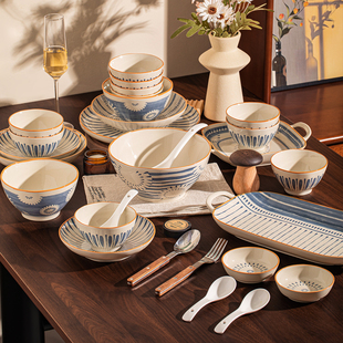 碗盘乔迁 餐具套装 釉下彩景德镇碗碟套装 侘寂复古中古风高颜值日式