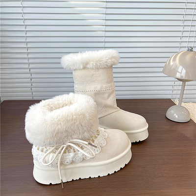 2025雪花刺绣中高筒雪地靴百搭时尚两穿可拆卸加绒保暖韩版毛毛靴