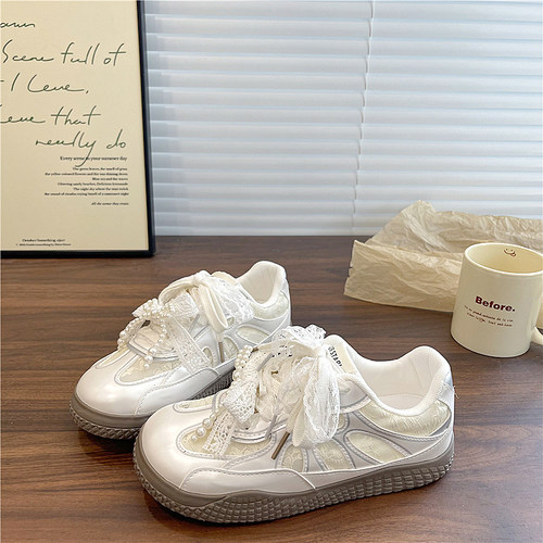 易少年 德训鞋女秋新款芭蕾鞋子蕾丝透气小白鞋丑萌百搭休闲板鞋