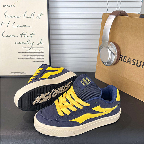 深蓝黄男鞋2026春季新款学生厚底百搭板鞋女ins潮情侣休闲面包鞋