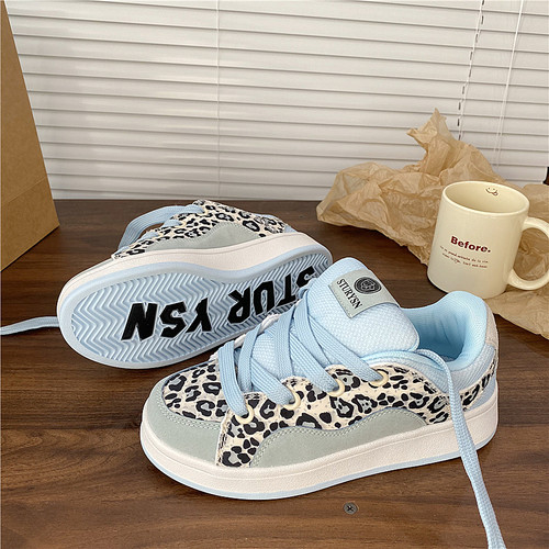 港风原创小众拼色豹纹面包鞋ins潮2025冬季新款百搭运动休闲板鞋