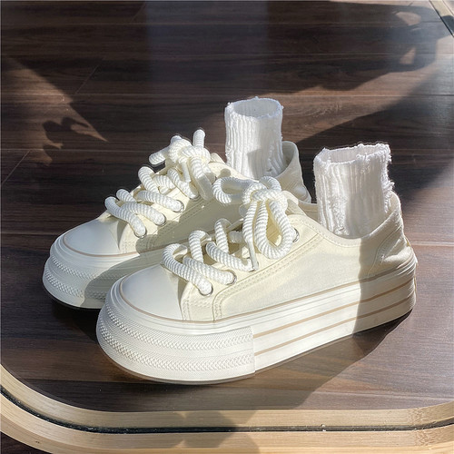 易少年奶油厚底帆布鞋女