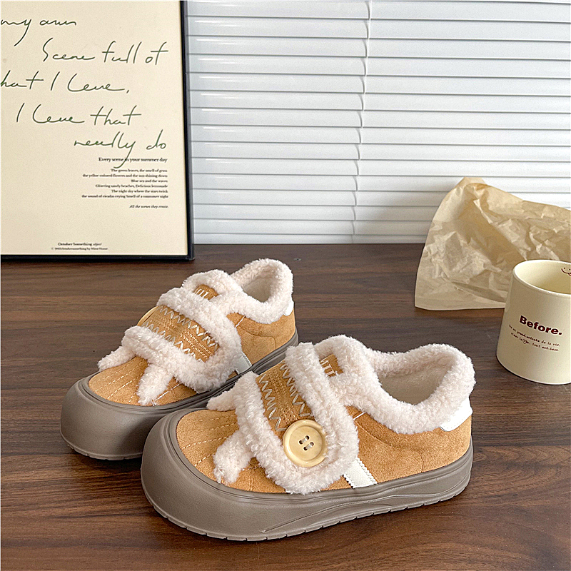 易少年 驼色加绒加厚棉鞋女款ins保暖魔术贴厚底板鞋2025冬季新款