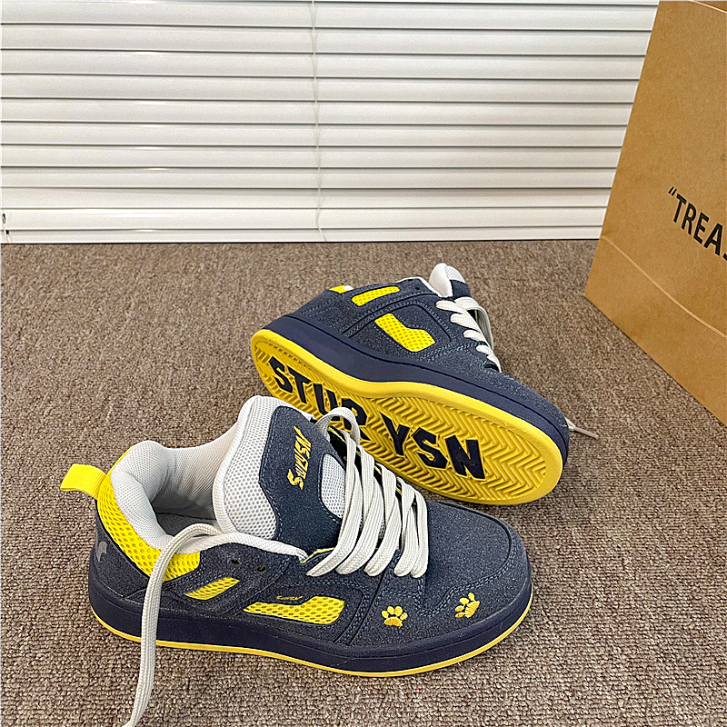 鞋子男情侣深蓝黄美式复古板鞋厚底面包鞋学生运动鞋2025冬季新款