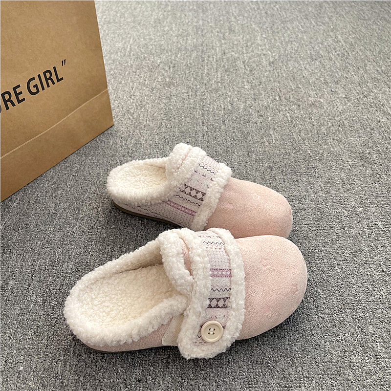 易少年 粉色一脚蹬外穿毛毛勃肯鞋女2025冬季新款加绒魔术贴棉鞋